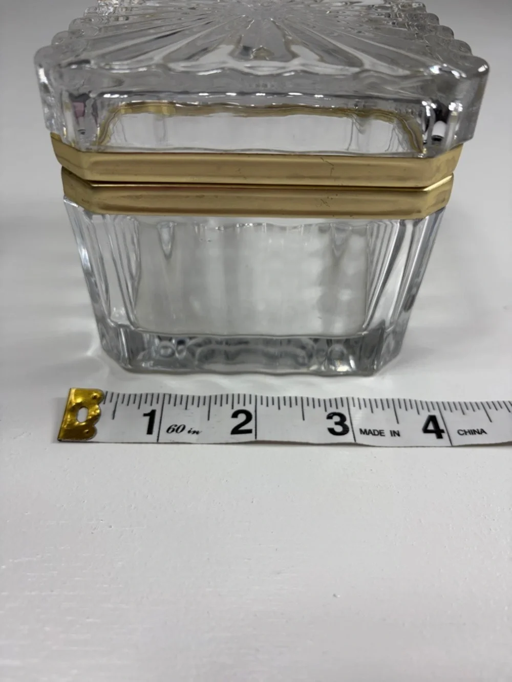 Vintage crystal jewelry casket with brass hinge 3 1/2 in. Square trinket box
